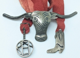 Great Fun Vintage Coin Silver & Suede Cowboy Bolo Tie with Boot, Brand (RED) & Steer Head