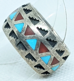 Lovely Heavy Vintage Silver & Turquoise & Coral Ring by Navajo Artist Clyde Woody