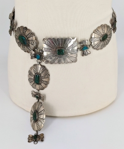 Wonderful Large 1930-40 Navajo Silver Old Pawn Concho Link Belt with Nice Old Green Nevada Turquoise