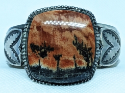 Beautiful Heavy 1930s Navajo Old Pawn Silver and Petrified Wood Picture Agate Bracelet