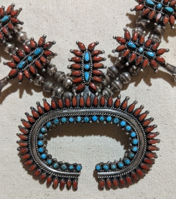 Fantastic Navajo Silver Coral & Sleeping Beauty Turquoise Squash Blossom by Victor Moses Begay