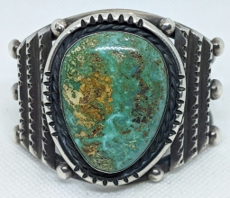 Lovely Old Pawn Navajo Silver Bracelet Ca 1940s-50s with HUGE Pilot Mountain Turquoise
