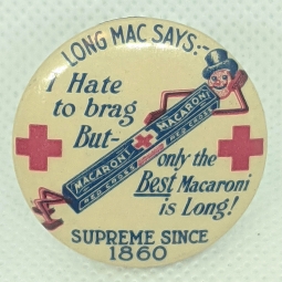 Beautiful 1920s Red Cross Macaroni Advertising Celluloid Pin by Parisian Novelty Chicago