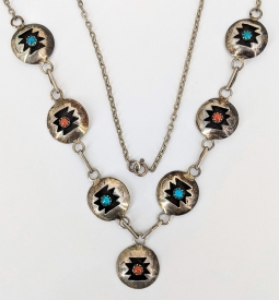 Fun Vintage 1970s Native American Shadow-Box Medallion Necklace with Coral & Turquoise