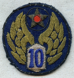 Beautiful WWII USAAF 10th Air Force CBI-Made  Bullion Shoulder Patch Removed from Uniform