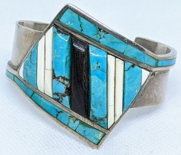 Great Vintage 1970s Modernist Southwest Silver Turquoise Ironwood etch Silver Bracelet by Snow Horse