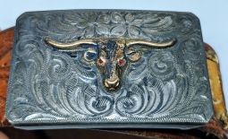 Classic Early 1930s Unmarked Srour Trophy Buckle in Sterling & 10K w/Ruby Eyes On pressed Belt