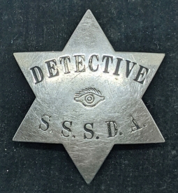 Wonderful Old Ca 1890s S.S.S.D.A. Detective 6 pt Star Badge with All seeing Eye