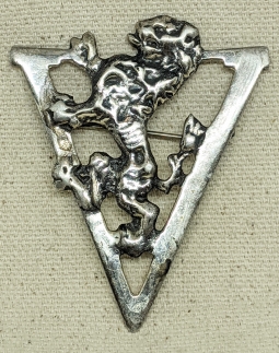 HUGE WWII Sterling Silver V for Victory  Badge with Belgian Lion