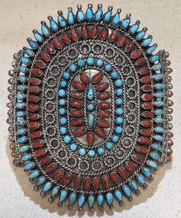 Incredible Victor Moses Begay Navajo Silver Coral & Sleeping Beauty Turquoise Petit Point Bracelet