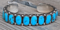 Lovely Vintage 1960s Navajo Silver Bracelet by Juliana Williams with 17 Sleeping Beauty Cabochons
