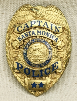 Beautiful Late 1940s Santa Monica CA Police Captain Badge in Shirt Size by Entenmann