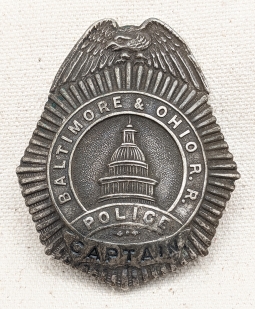 Great Ca 1910s Baltimore & Ohio RR Police Badge in Rare Captain Rank Hollow 2-piece Construction