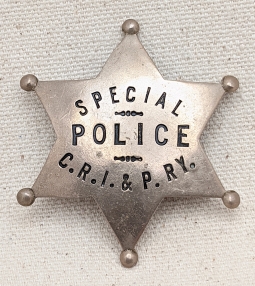 Nice Old WWI era CRI & P Chicago Rock Island & Pacific Railway Special Police Badge in Coin Silver