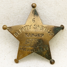 Fantastic 1920s Los Angeles County Deputy Sheriff RANGER 5 pt Star Badge #6 by Chipron