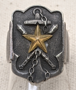 Heavy Silver WWII Pacific Theater GI Ring, Probably USMC Made from Japanese Veteran Assoc Badge