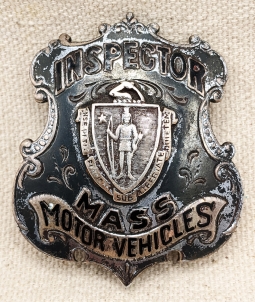 Beautiful 1916 MASS Motor Vehicles Inspector Badge in Com Silver with Black Enamel by Ross Jewelers