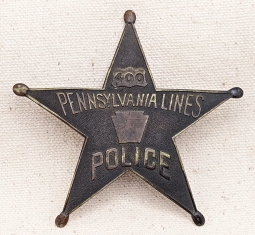 Wonderful 1910s-20s Pennsylvania Lines Railroad Police Large Custom Die 5 pt Star Badge #400