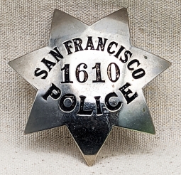 Rare WWII era San Francisco Police Badge #1610 in Nickel by Irvine & Jachens