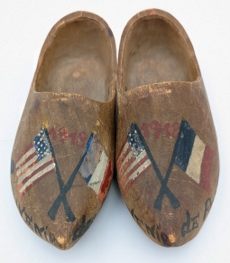 Wonderful 1918 WWI Souvenir Wooden Shoes from St. Nazaire France with Patriotic Allies Flag Deco