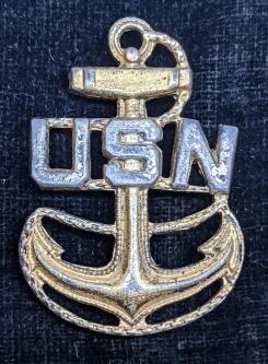 Great Salty WWII USN CPO Oversea Cap Size Hat Badge by GEMSCO As Worn by Seabees Attached to USMC