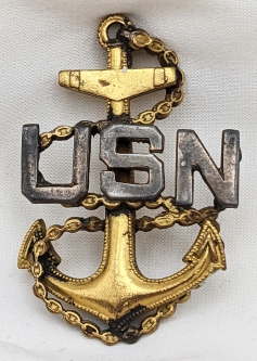 Nice Late 1930s USN CPO Hat Badge with Funky USN Placement Gilt Brass & Silvered Nickel Salty