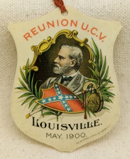 Beautiful 1900 UCV Reunion Celluloid Badge Louisville Kentucky Tips Purposely Clipped