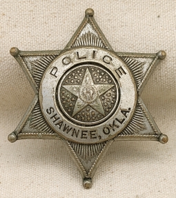 Great Large 1910s - 1920s Shawnee Oklahoma 6  Point Ball Tip Star Police Badge