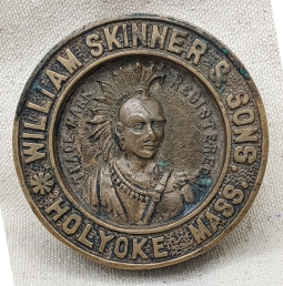 Wonderful 1880s - 90s Bronze Paperweight Adv William Skinner & Sons with Iroquois Indian at Center