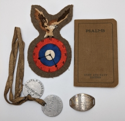 Wonderful WWI US Air Service 825th Aero Squadron Patch, ID Bracelet, & Dog Tags and Psalms Book of L