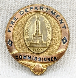 Beautiful Ca 1910s Baltimore Fire Dept Commissioner Badge in Gilt Bronze