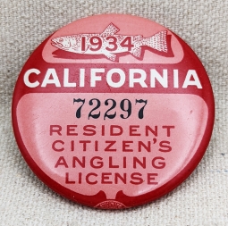 1934 California Resident Angling Fishing License Celluloid & Paper