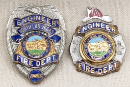 Great Pair of North Las Vegas NV Fire Dept Engineer Badges Hat & Coat Dated 12/1965 to James Hewett