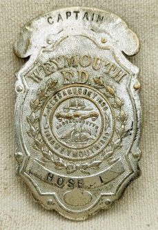 Great 1920s Weymouth MA Fire Dept Badge in Silver plated Bronze for the Captain of Hose Co #1