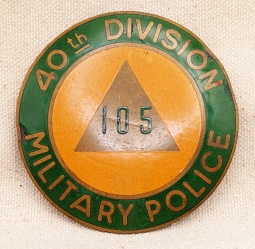 Wonderful Mid-1950s 40th Armored Division Military Police Badge Huge!
