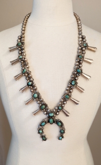 Great Vintage 50s-60s Navajo Squash Blossom Necklace with Classic light green Turquoise mtn. Stone