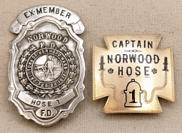 PAIR Norwood MA ca 1911 10K Gold Presentation Fire Badge to Captain Hose Co No 1 & Ex-Member Badge