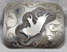 Fabulous 1960s-Early 70s Bull Riding Buckle in Hand Engraved & Overlay German Silver by Roy Welton H