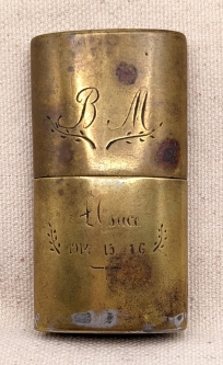 Rare WWI Hand Made Trench Art Brass Lighter from Alsace 1914 15 16 w/Initials B. M.