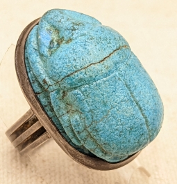 Fabulous 1920s High Art Deco Silver Ring with Ancient Egyptian Faience Scarab Size 9.75