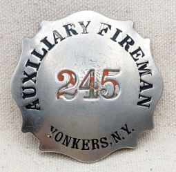 Rare Ca WWI 1910s Yonkers NY Auxiliary Fireman Badge #245