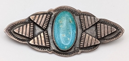 Beautiful Large 1930s Fred Harvey Type Silver Brooch with Low Grade Blue Gem Turquoise