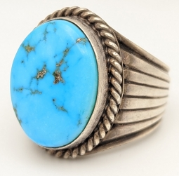 Beautiful Large & Heavy Navajo Silver Ring with Morenci Turquoise By Jim Yazzie