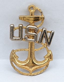 Near Mint ca 1943 USN CPO Chief Petty Officer Hat Badge by H & H in Wartime Shortages Plated White M