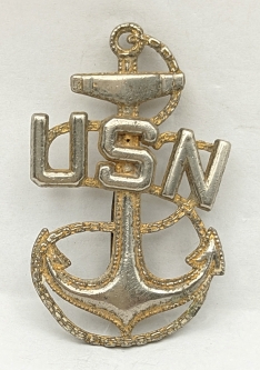 Rare Ca 1943 USN CPO Hat Badge in Wartime Shortages Cast & Plated White Metal Salty!