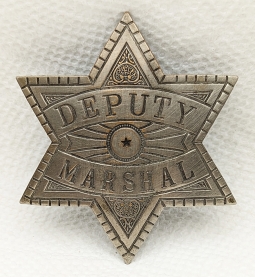 Ca 1900 Old West "Stock" Deputy Marshal 6pt Star Badge in Silver Plated Copper