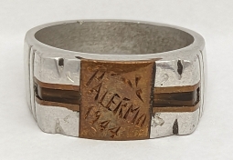 Great WWII US GI Ring From Palermo Sicily 1944 Deco Design in Aircraft Aluminum, Copper, & Celluloid