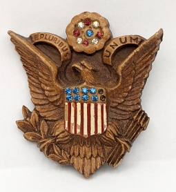 Great Large WWII US Army Sweetheart Patriotic Homefront Brooch in Syroco Wood