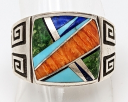 Gorgeous Modernist Navajo Silver Turquoise Lapis Onyx & Spiny Oyster Inlay Ring by Kenneth Bitsie