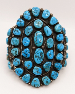 Stunning 1950s-60s Navajo Silver & Turquoise (41 Nuggets!) Bracelet Signed J Johnson